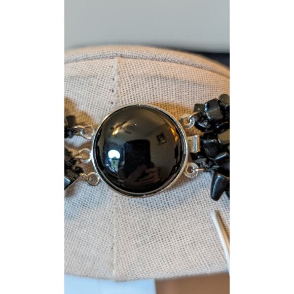 Six Strand White Coin Pearl Black Onyx Chip Sterling Slide In Clasp Necklace - Picture 6 of 8